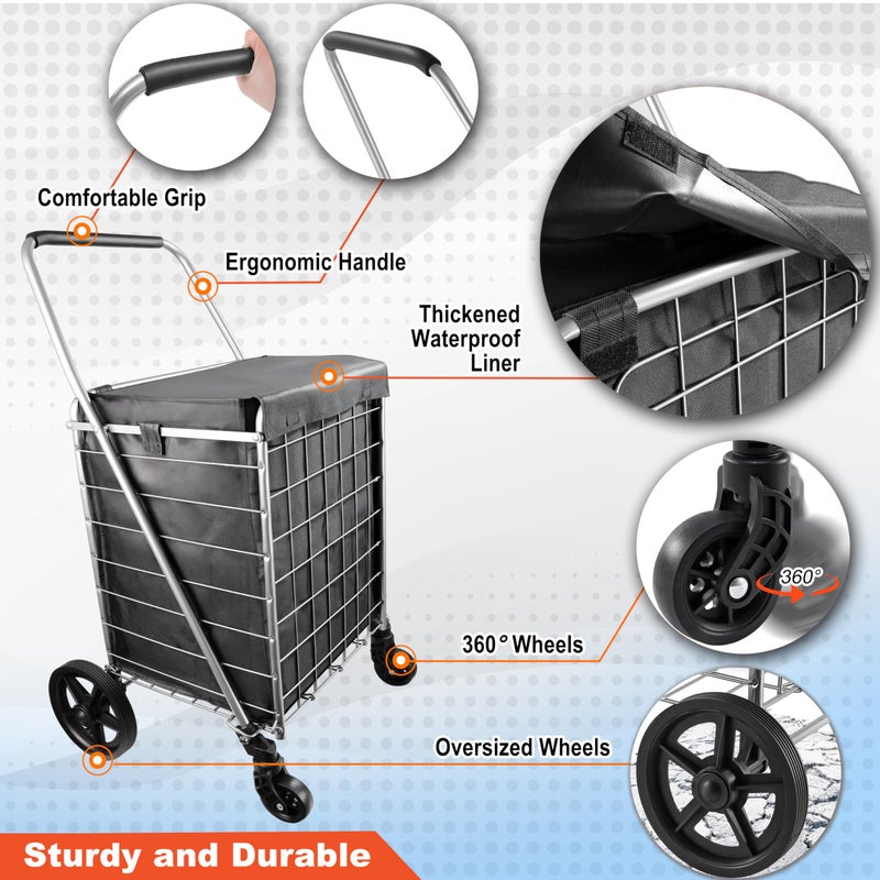 Wellmax WM99024S Grocery Utility Shopping Cart, Easily Collapsible and Portable to Save Space and Heavy Duty, Light Weight Trolley with Rolling Swivel Wheels - Image 2