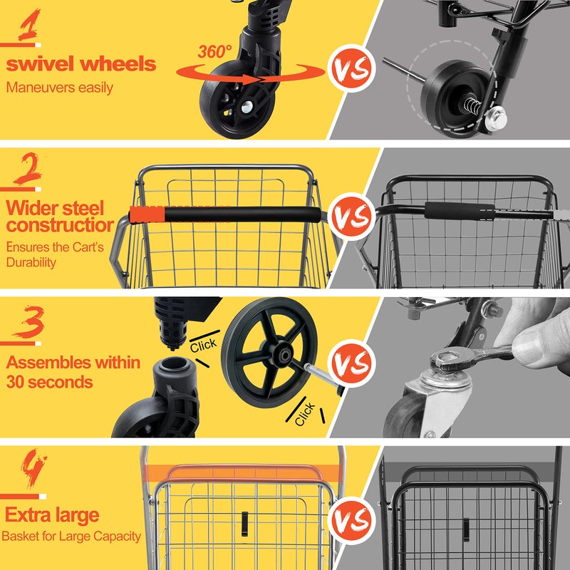 Wellmax WM99024S Grocery Utility Shopping Cart, Easily Collapsible and Portable to Save Space and Heavy Duty, Light Weight Trolley with Rolling Swivel Wheels - Image 3