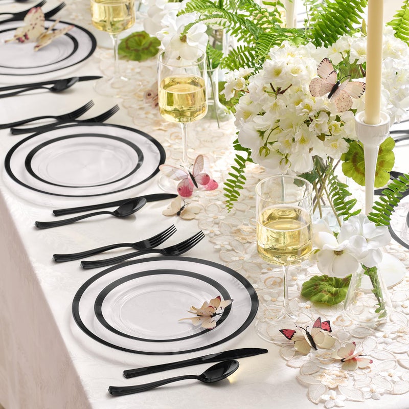 By Madee HEAVYWEIGHT 150 Pcs Clear and Black Plastic Plates and Utensils Set | Fancy Plastic Dinnerware Sets with Gift of 3D Butterflies for Table Decor (25 Guests) - Image 5