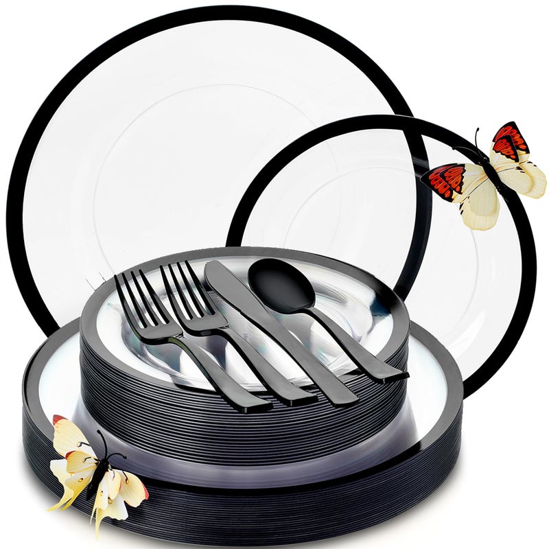 By Madee HEAVYWEIGHT 150 Pcs Clear and Black Plastic Plates and Utensils Set | Fancy Plastic Dinnerware Sets with Gift of 3D Butterflies for Table Decor (25 Guests) - Image 1