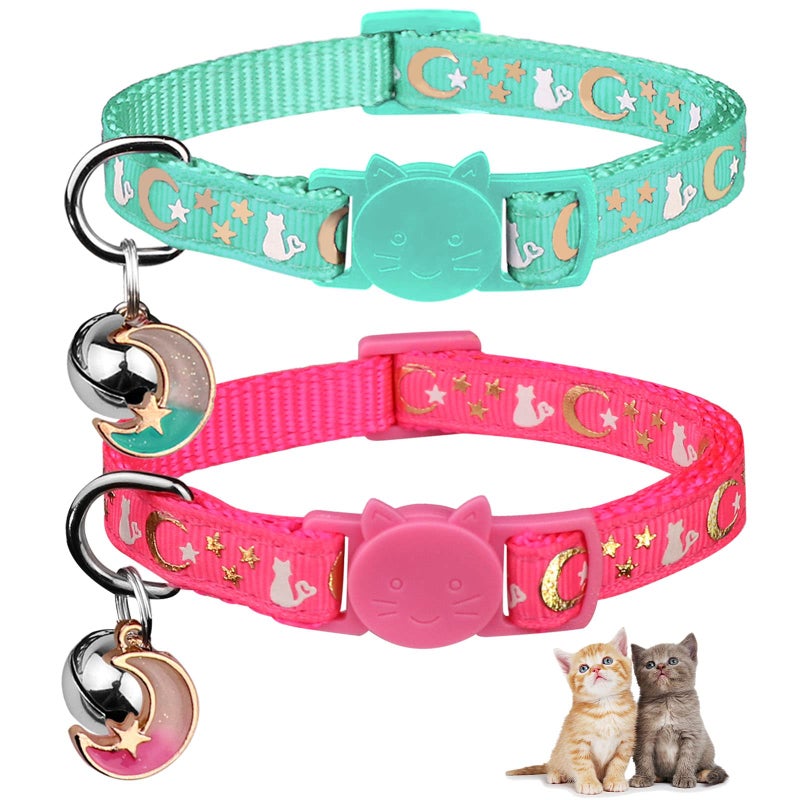 Baeuppit 2PCS Breakaway Cat Collars with Bell Moons Stars Cute Kitty Adjustable Safe Kitten Collars with Pendant Glow in The Dark(Pink&Teal) - Image 1