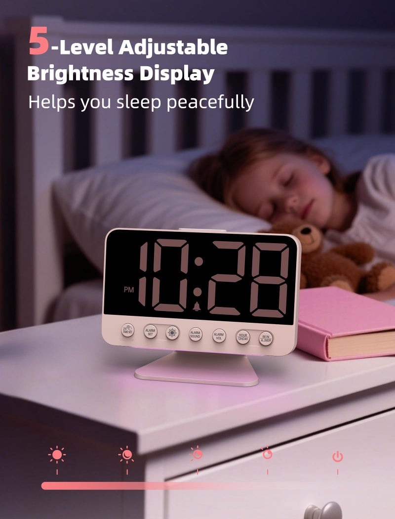 Odokee Digital Alarm Clocks for Bedrooms: Large Bold Number 5 Brightness Dimmer - Easy to Read Across The Room - 5 Alarm Sound 8 Night Light - Sakura Pink - Image 4