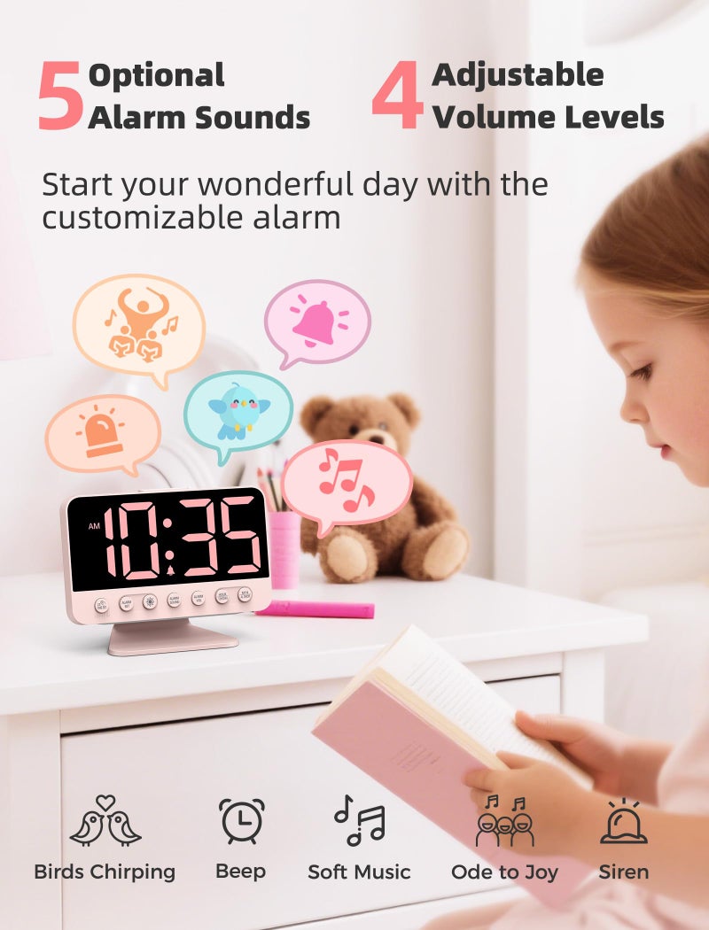 Odokee Digital Alarm Clocks for Bedrooms: Large Bold Number 5 Brightness Dimmer - Easy to Read Across The Room - 5 Alarm Sound 8 Night Light - Sakura Pink - Image 3