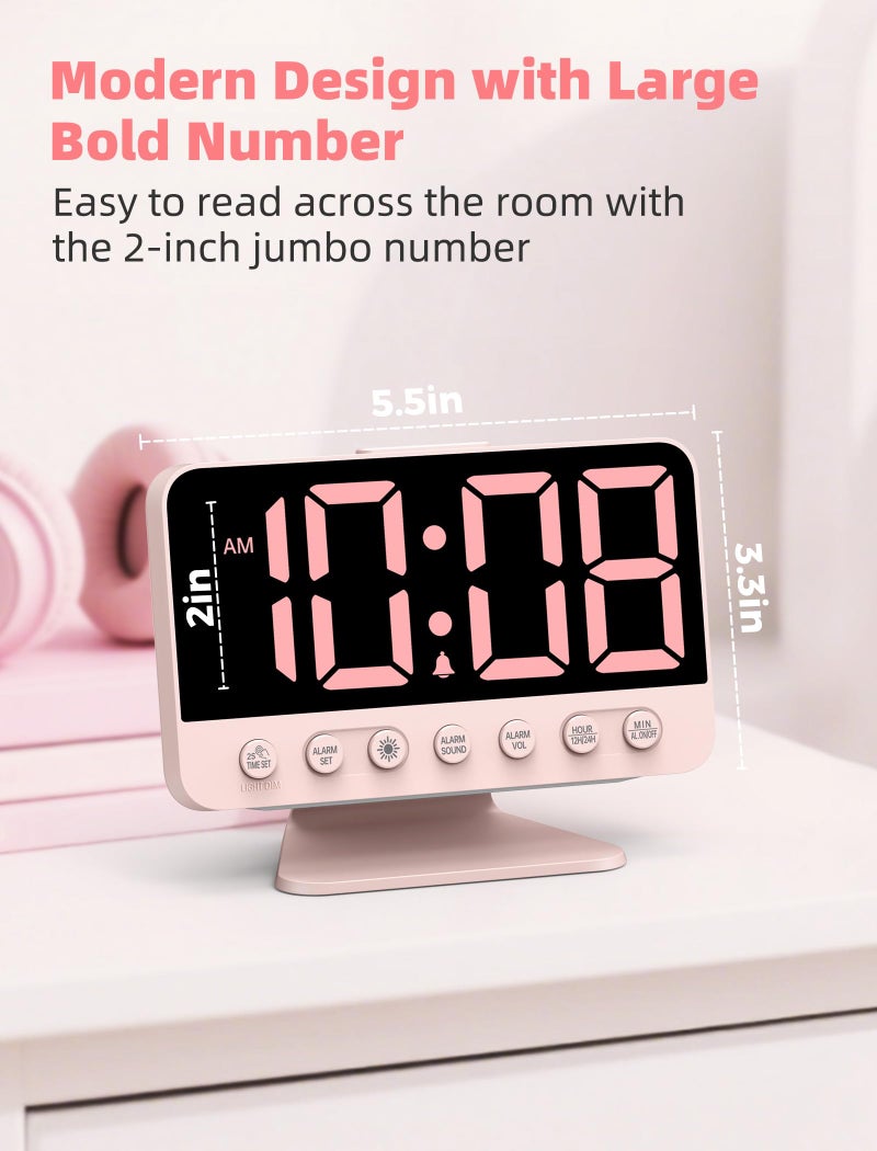 Odokee Digital Alarm Clocks for Bedrooms: Large Bold Number 5 Brightness Dimmer - Easy to Read Across The Room - 5 Alarm Sound 8 Night Light - Sakura Pink - Image 2