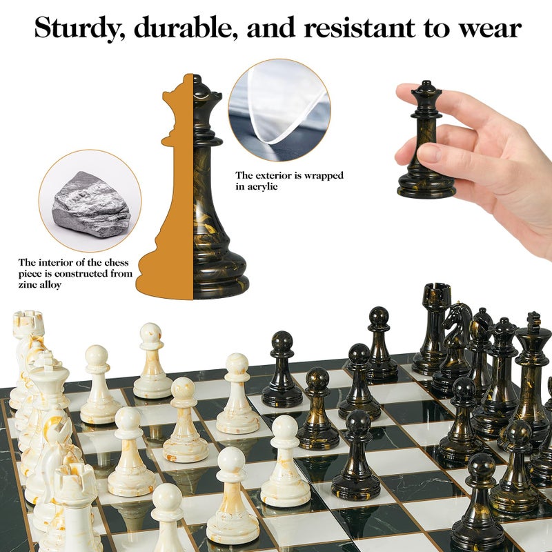 OUMODA 15" Large Chess Set for Adults with Extra 2 Queens, Weighted Acrylic Pieces-3.5" King w/Leather Base, Portable Folding Marbling Wooden Chess Board - Travel/Family Game & Elegant Gift - Image 4