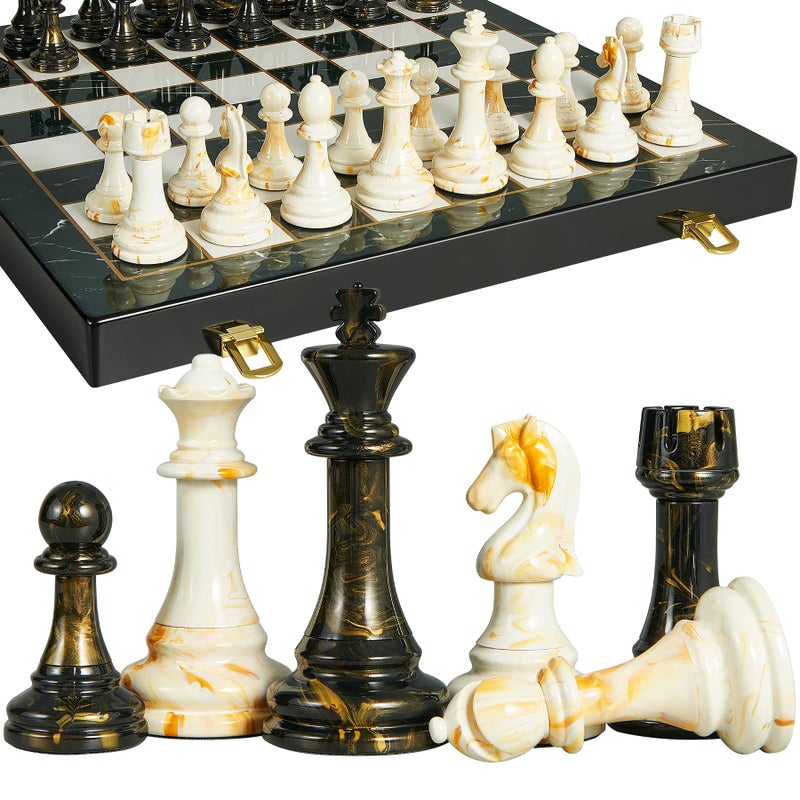 OUMODA 15" Large Chess Set for Adults with Extra 2 Queens, Weighted Acrylic Pieces-3.5" King w/Leather Base, Portable Folding Marbling Wooden Chess Board - Travel/Family Game & Elegant Gift - Image 1