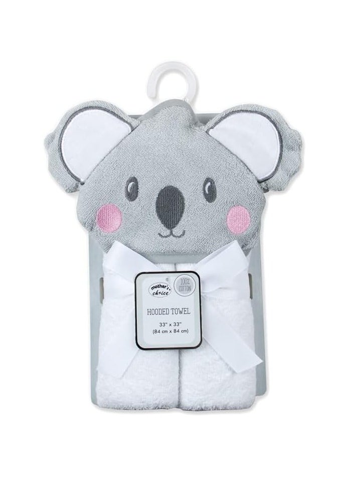 Mothers Choice - Hooded Baby Towel Koala 3D Ears -100% Cotton Baby Towel -Soft & Snuggly Baby Towel - 84x84 cm- Newborn to 4 Years - Grey/White - Image 1