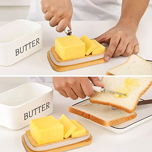 ISEAU Ceramic Butter Dish with Wooden Lid, Large Butter Container Keeper Storage with Stainless Steel Butter Knife Spreader, Bamboo Cover and Silicone Sealing Ring for Butter - Image 4