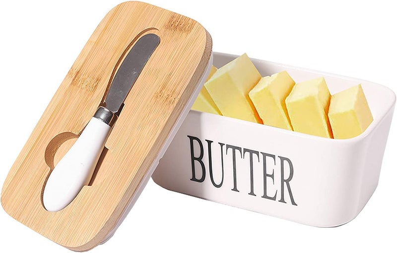 ISEAU Ceramic Butter Dish with Wooden Lid, Large Butter Container Keeper Storage with Stainless Steel Butter Knife Spreader, Bamboo Cover and Silicone Sealing Ring for Butter - Image 3