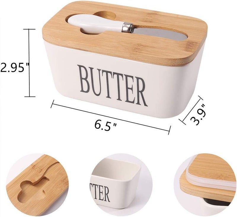 ISEAU Ceramic Butter Dish with Wooden Lid, Large Butter Container Keeper Storage with Stainless Steel Butter Knife Spreader, Bamboo Cover and Silicone Sealing Ring for Butter - Image 2