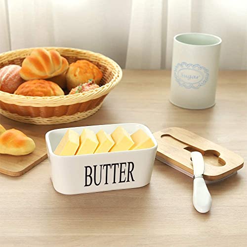ISEAU Ceramic Butter Dish with Wooden Lid, Large Butter Container Keeper Storage with Stainless Steel Butter Knife Spreader, Bamboo Cover and Silicone Sealing Ring for Butter - Image 5