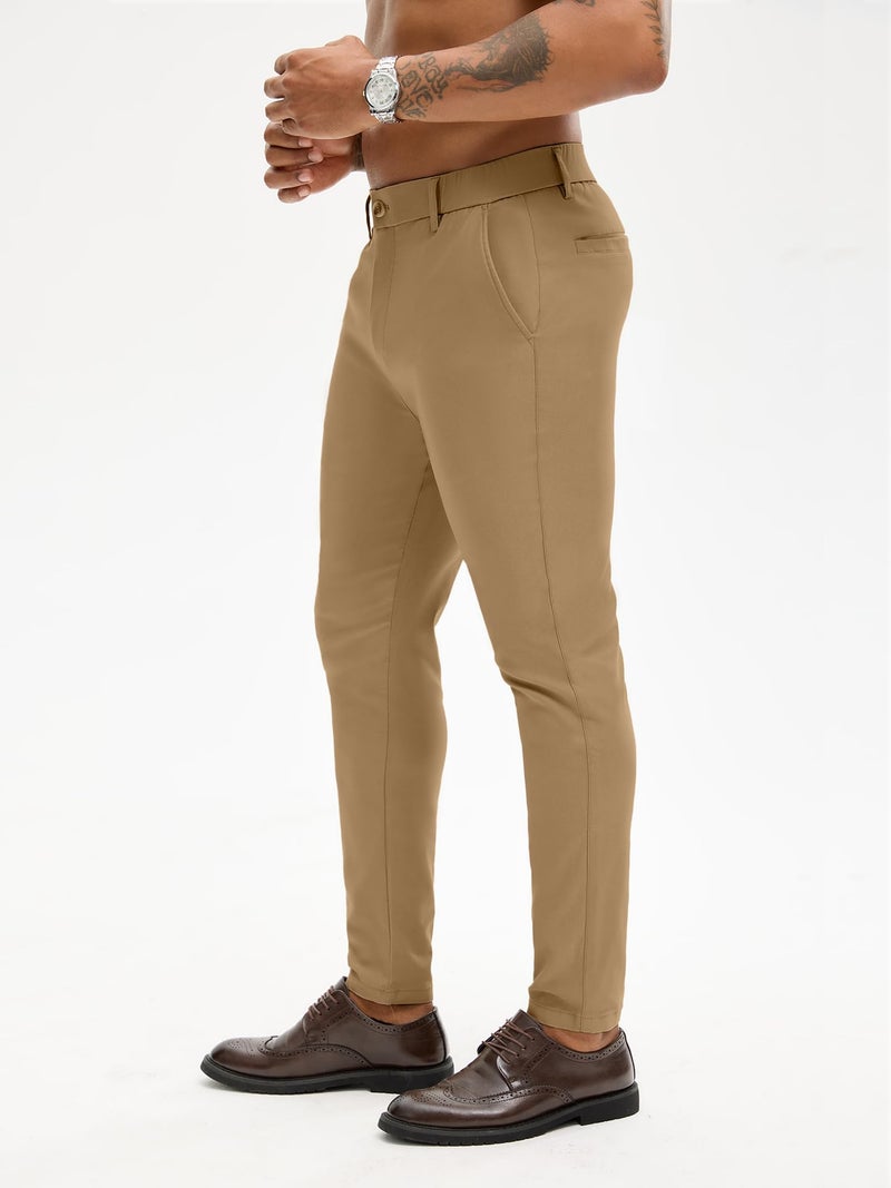 PLEPAN Men's Dress Pants Slim Fit Tapered Pants with Elastic Waist Skinny Stretch Golf Pants Wedding & Formal Occasion Trousers, Brown, XL - Image 3