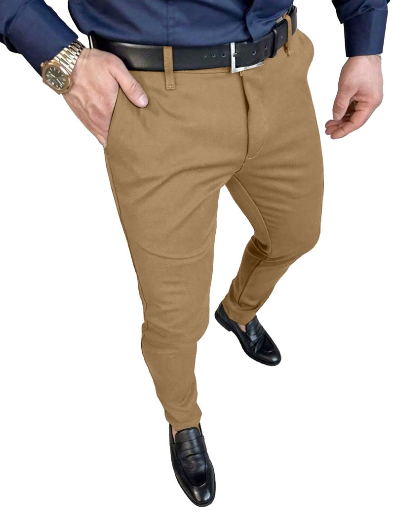 PLEPAN Men's Dress Pants Slim Fit Tapered Pants with Elastic Waist Skinny Stretch Golf Pants Wedding & Formal Occasion Trousers, Brown, XL - Image 1