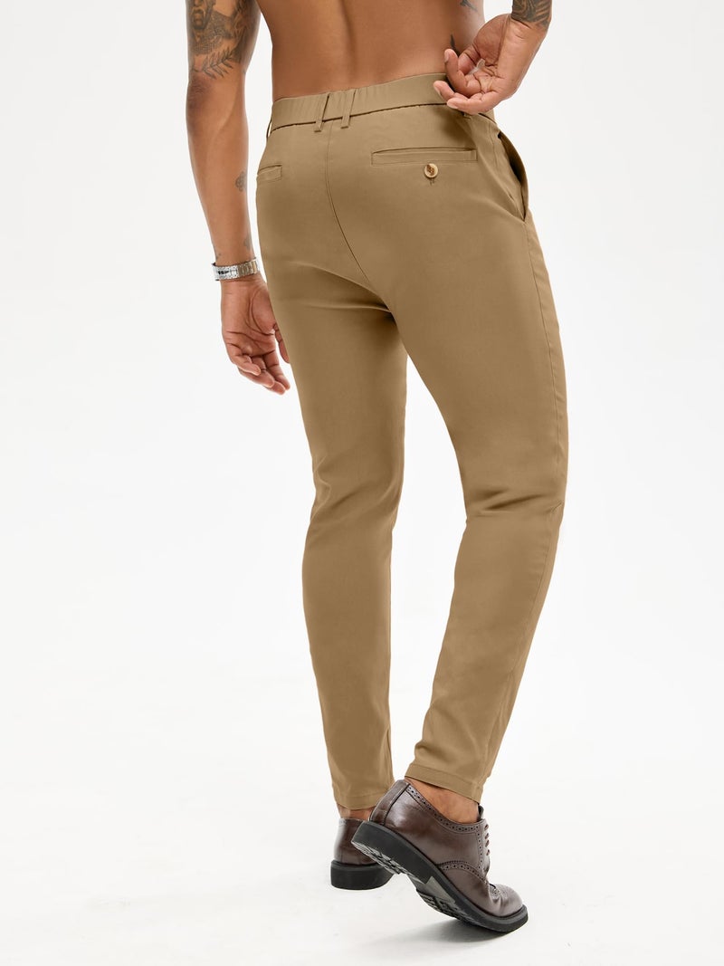 PLEPAN Men's Dress Pants Slim Fit Tapered Pants with Elastic Waist Skinny Stretch Golf Pants Wedding & Formal Occasion Trousers, Brown, XL - Image 2