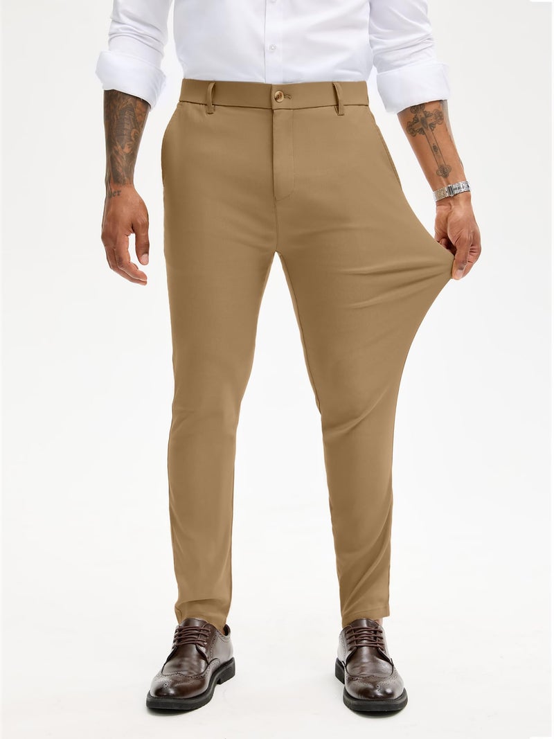PLEPAN Men's Dress Pants Slim Fit Tapered Pants with Elastic Waist Skinny Stretch Golf Pants Wedding & Formal Occasion Trousers, Brown, XL - Image 4