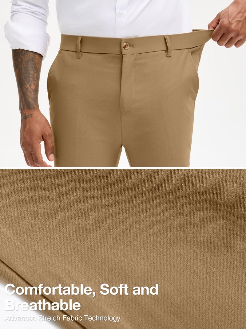 PLEPAN Men's Dress Pants Slim Fit Tapered Pants with Elastic Waist Skinny Stretch Golf Pants Wedding & Formal Occasion Trousers, Brown, XL - Image 5
