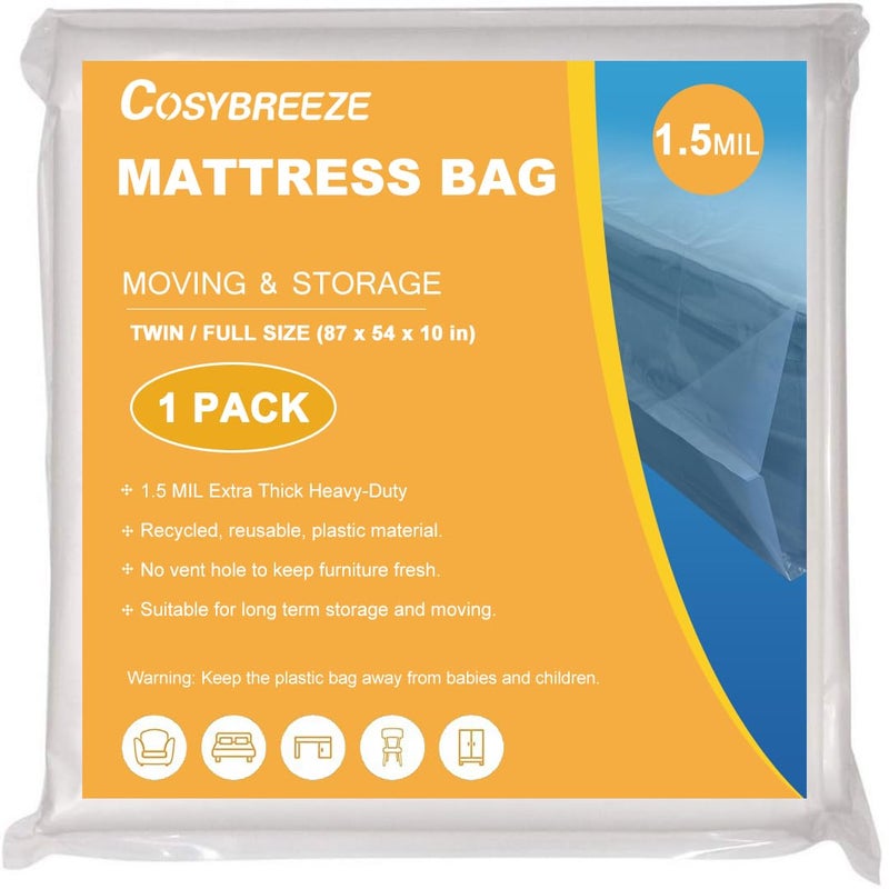 Cosybreeze Mattress Bags for Moving 1.5 Mil Mattress Storage Bag Twin or Full Size 1 Pack - Heavy Duty Thick Plastic Wrap Mattress Protector Long-Term Storage and Disposal  - Image 1