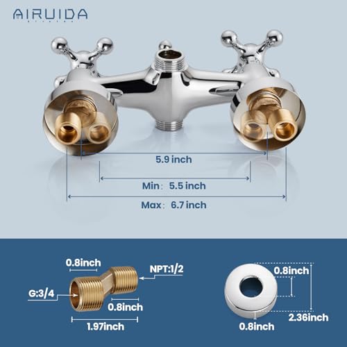 Airuida Wall Mount Bathtub Shower Faucet Kit with Telephone Shaped Handheld Sprayer Double Hot and Cold Water Mixer Tap Wall Mounted Tub Filler Set Vintage Style Cross Handles Chrome Polish - Image 5