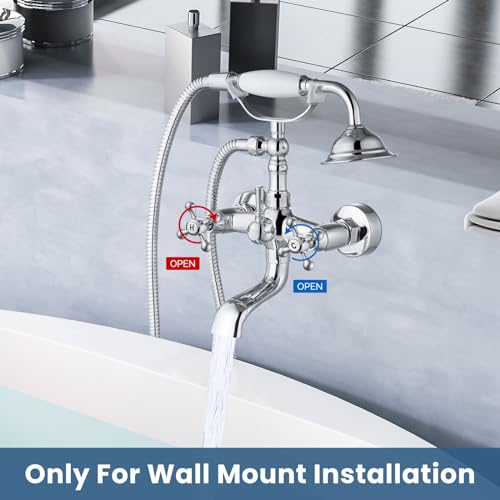 Airuida Wall Mount Bathtub Shower Faucet Kit with Telephone Shaped Handheld Sprayer Double Hot and Cold Water Mixer Tap Wall Mounted Tub Filler Set Vintage Style Cross Handles Chrome Polish - Image 3