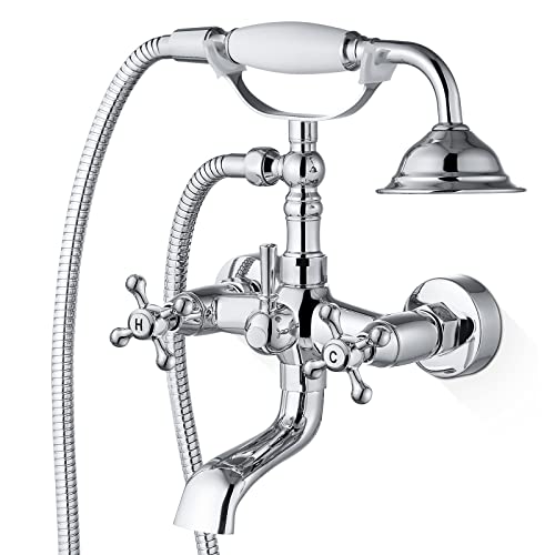 Airuida Wall Mount Bathtub Shower Faucet Kit with Telephone Shaped Handheld Sprayer Double Hot and Cold Water Mixer Tap Wall Mounted Tub Filler Set Vintage Style Cross Handles Chrome Polish - Image 1