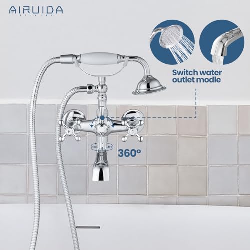 Airuida Wall Mount Bathtub Shower Faucet Kit with Telephone Shaped Handheld Sprayer Double Hot and Cold Water Mixer Tap Wall Mounted Tub Filler Set Vintage Style Cross Handles Chrome Polish - Image 2