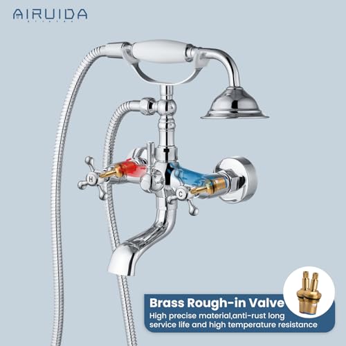 Airuida Wall Mount Bathtub Shower Faucet Kit with Telephone Shaped Handheld Sprayer Double Hot and Cold Water Mixer Tap Wall Mounted Tub Filler Set Vintage Style Cross Handles Chrome Polish - Image 4