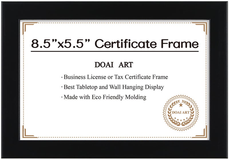 DOAI ART 8.5 × 5.5 إطار ترخيص العمل المهنيين الأسود 5.5 × 8.5 إطارات الشهادات تناسب وثيقة الدبلوم وشهادة الضرائب ذاتية الدقة مع شماعات الحائط