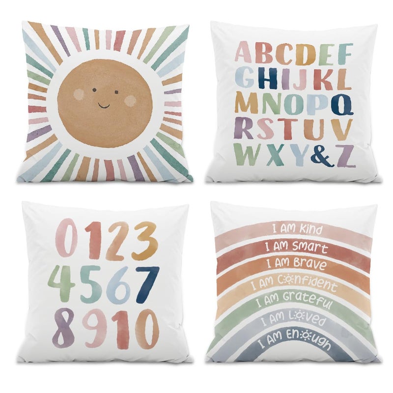 ISANOU Kids Playroom DecorBoho Sun Alphabet Throw Pillow CoversKids Reading Nook Decor Pillowcase for Classroom Playroom Nursery18x18 Inch Pillowcase Set of 4