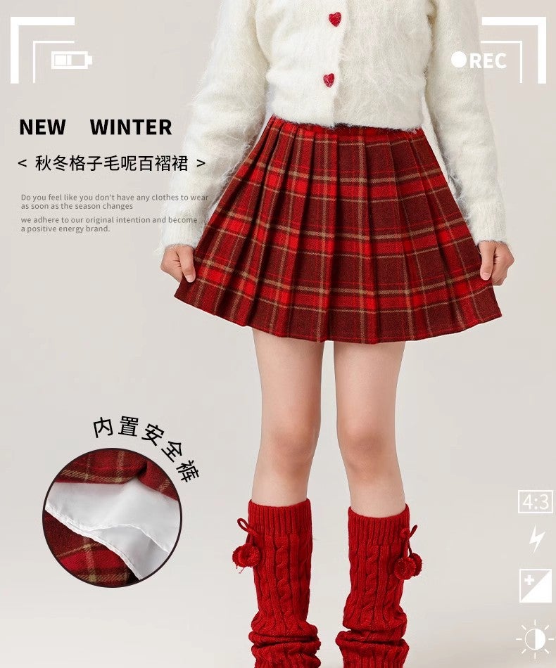 Girls' Woolen Skirt, Clothing, New Year'S New Short Skirt, Red Plaid Skirt For Older Girls, Stylish Kidsren'S Skirt - Image 1