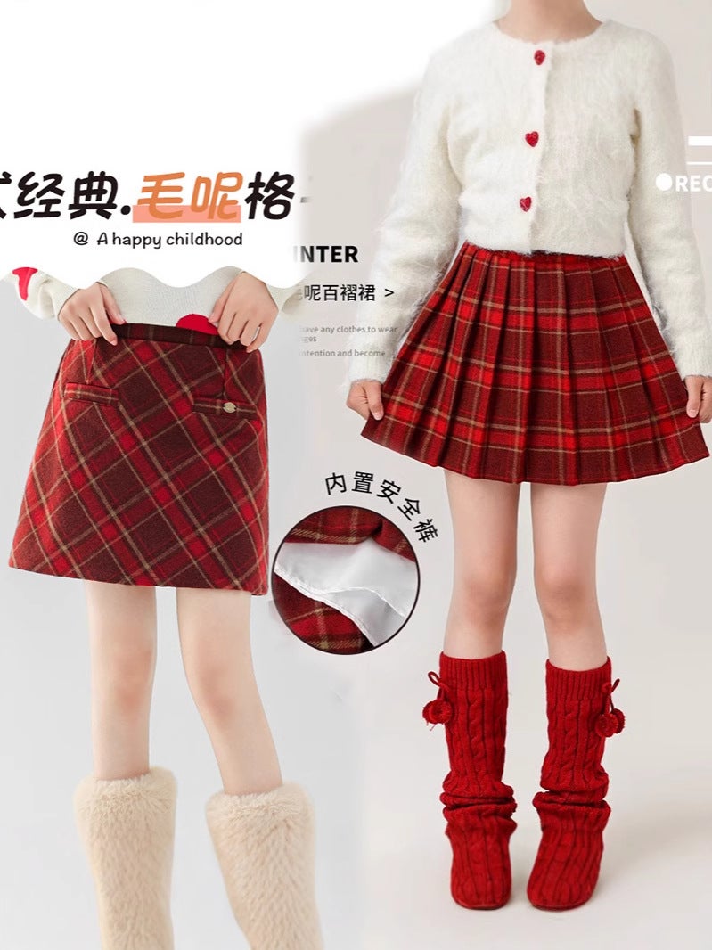 Girls' Woolen Skirt, Clothing, New Year'S New Short Skirt, Red Plaid Skirt For Older Girls, Stylish Kidsren'S Skirt - Image 4