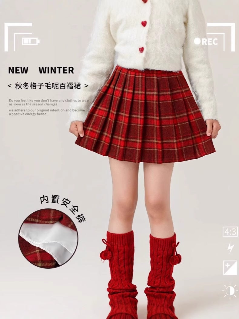 Girls' Woolen Skirt, Clothing, New Year'S New Short Skirt, Red Plaid Skirt For Older Girls, Stylish Kidsren'S Skirt - Image 2