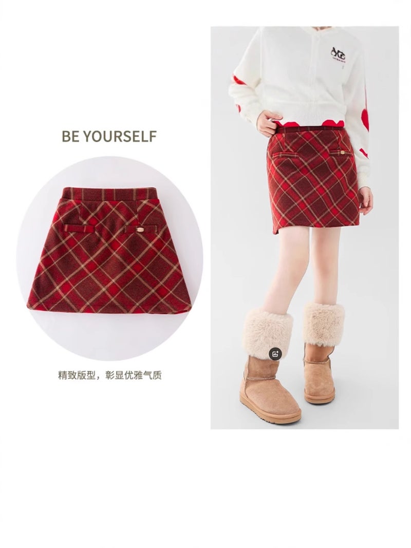 Girls' Woolen Skirt, Clothing, New Year'S New Short Skirt, Red Plaid Skirt For Older Girls, Stylish Kidsren'S Skirt - Image 3