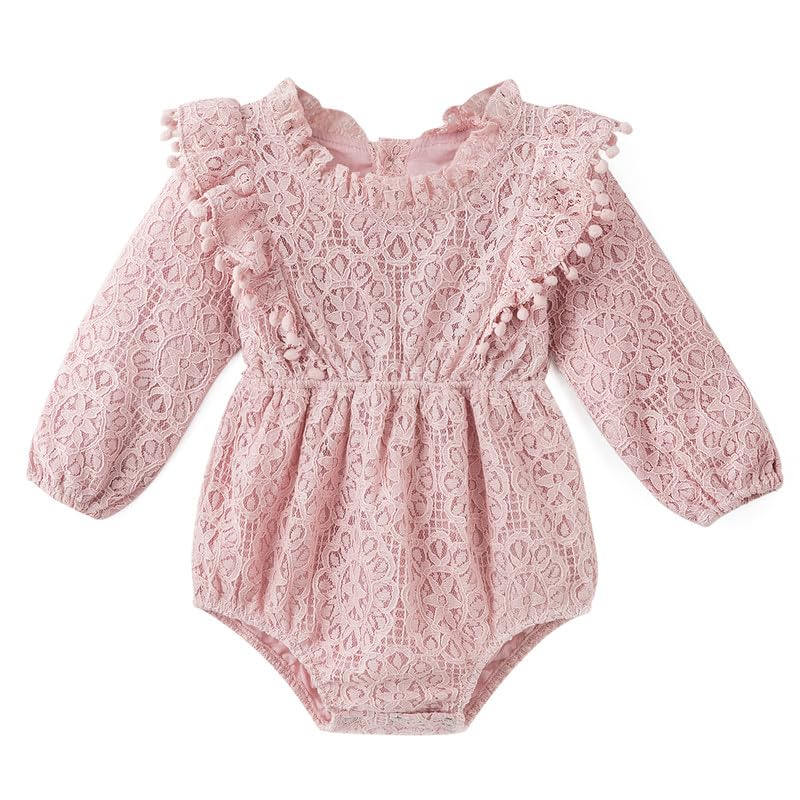 Simplee kids Baby Infant Girls Lace Romper Long Sleeve Jumpsuit Fall Winter Clothes for 6-12 Months Pink - Image 1