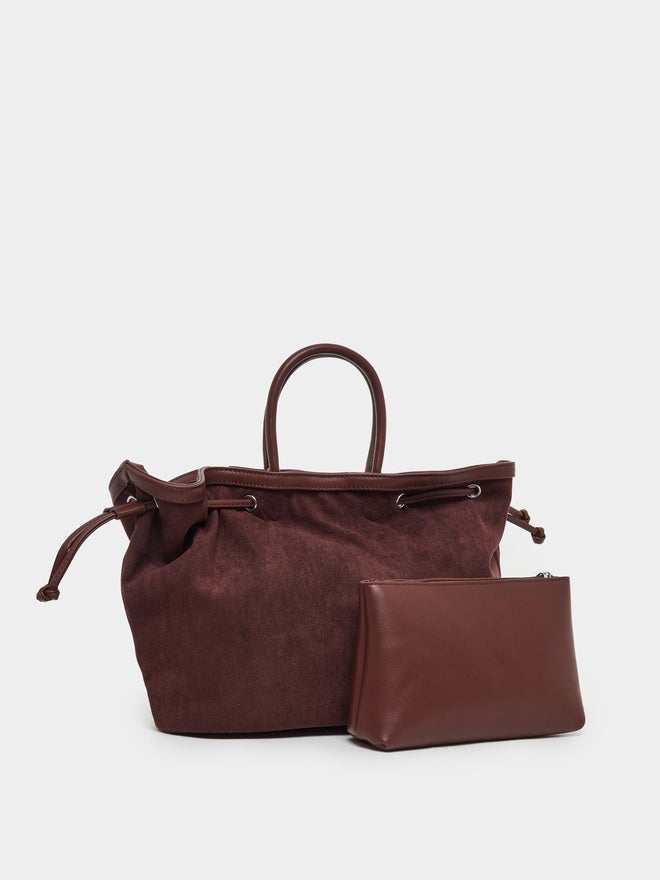 Styli Styli Velvet Look Eyelet Tote Bag with Side Drawstrings  - Image 1