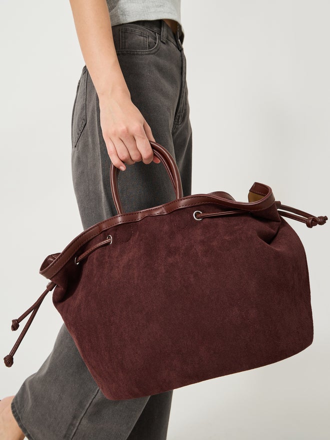 Styli Styli Velvet Look Eyelet Tote Bag with Side Drawstrings  - Image 2