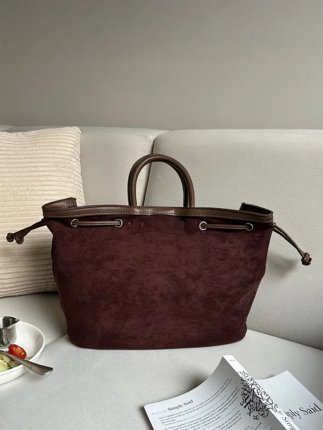 Styli Styli Velvet Look Eyelet Tote Bag with Side Drawstrings