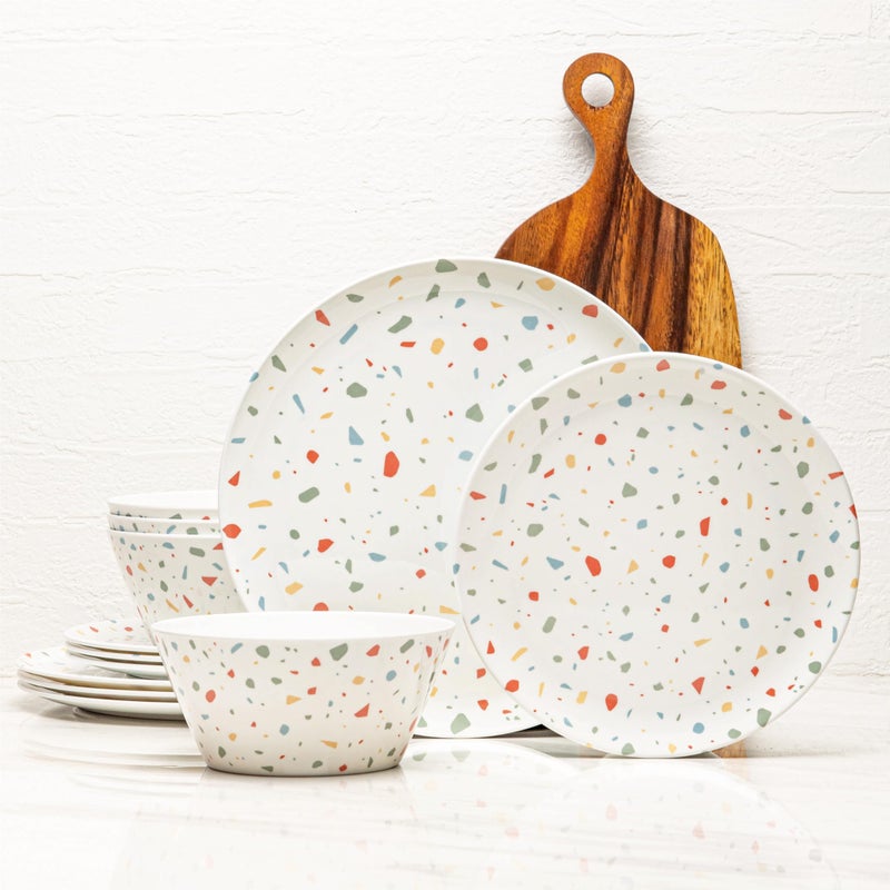 Bzyoo 12Piece Melamine Dinnerware Set  White Confetti  Lightweight Durable BPAFree  Dishwasher Safe Dish Set for Indoor  Outdoor Use  Perfect for Camping BBQs Kids Parties