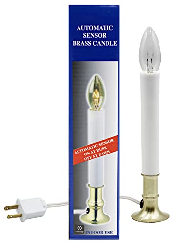 Creative Hobbies Electric Window Candle Lamp with Brass Plated Base, Dusk to Dawn Sensor Turns Candle on in Dark and Off in Light, Ready to Use! - Image 1