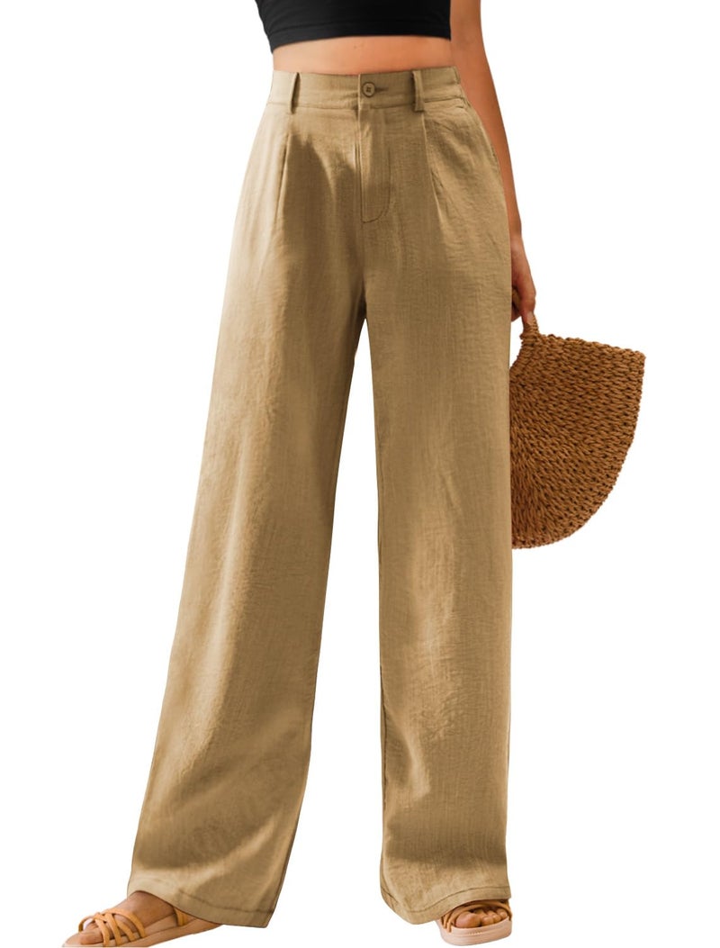 Feiersi Womens Casual Wide Leg Pants High Waisted Button Down Straight Long Trousers Palazzo Pants(Khaki,Medium) - Image 1