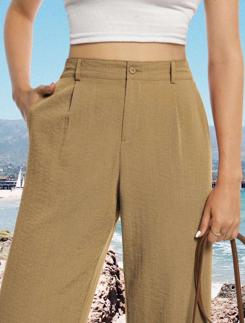 Feiersi Womens Casual Wide Leg Pants High Waisted Button Down Straight Long Trousers Palazzo Pants(Khaki,Medium) - Image 2
