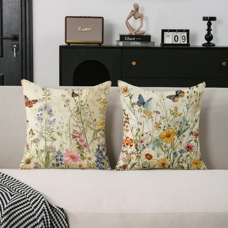 TAJWE Spring Floral Pillow Covers 18x18 Inch Set of 2 Wild Flowers Plant Butterfly Decorative Pillowcases Farmhouse Summer Seasonal Cushion Cases for Sofa Couch Home Decor - Image 2