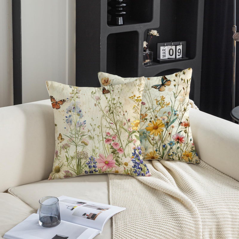 TAJWE Spring Floral Pillow Covers 18x18 Inch Set of 2 Wild Flowers Plant Butterfly Decorative Pillowcases Farmhouse Summer Seasonal Cushion Cases for Sofa Couch Home Decor - Image 5