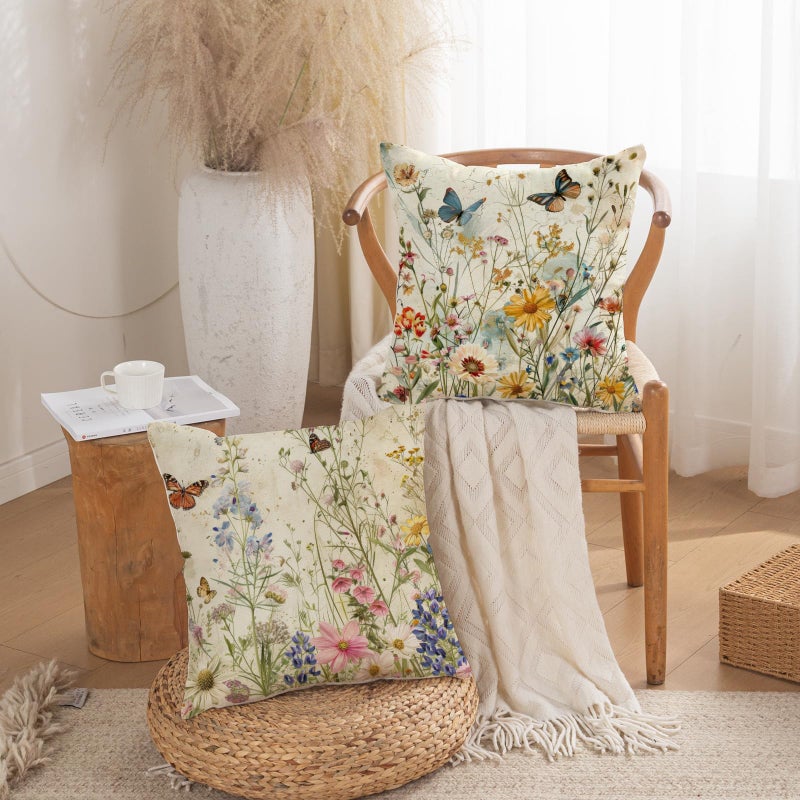 TAJWE Spring Floral Pillow Covers 18x18 Inch Set of 2 Wild Flowers Plant Butterfly Decorative Pillowcases Farmhouse Summer Seasonal Cushion Cases for Sofa Couch Home Decor - Image 3