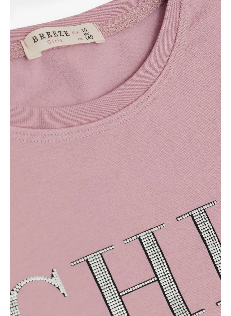 بريز Girl Child Long Sleeve T-Shirt Glitter Text Printed 9-14 Years, Dried Rose