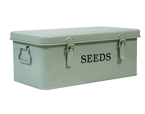 Xbopetda Seed Saving Box, Metal Seed Bin, Seed Storage Organizer Box, Seed Packet Container with Lid, Seed Envelope Storage Box, 4 Compartments Garden Seed Bin with Safety Locks-Green - Image 1