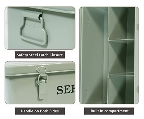 Xbopetda Seed Saving Box, Metal Seed Bin, Seed Storage Organizer Box, Seed Packet Container with Lid, Seed Envelope Storage Box, 4 Compartments Garden Seed Bin with Safety Locks-Green - Image 2
