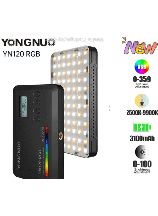 يونجنيو مصدر إضاءة فيديو LED يانغ نو YN120 RGB، 2500 كلفن إلى 9900 كلفن، 3000 مللي أمبير ساعة، مصباح تصوير محمول بحجم جيب، أسود - Image 1