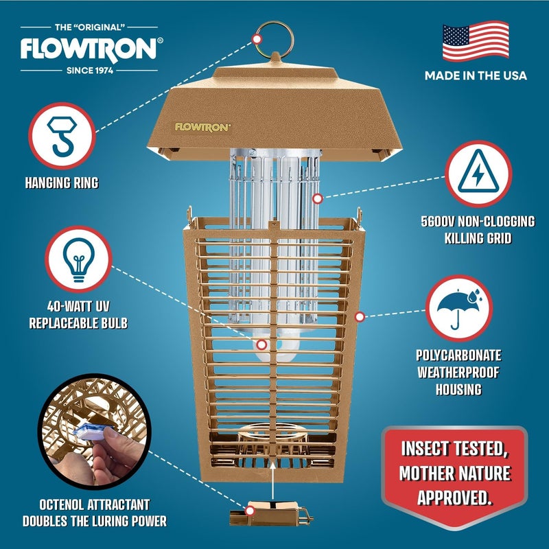 Flowtron Bug Zapper, 1 Acre of Outdoor Coverage with Powerful 40W Bulb & 5600V Instant Killing Grid, Electric Insect, Fly & Mosquito Zapper, Made in The USA - Tan Color - Image 2