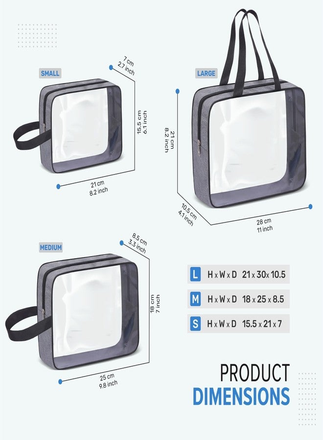 CRASOME PVC Set of 3 Multipurpose Transparent Toiletry Bag for Unisex, Wash Bag Pouch for Travel Kit | Travel Pouch for Makeup Cosmetic, Travel Organizer for Toiletries (CTSP1-3Q-Grey) - Image 2