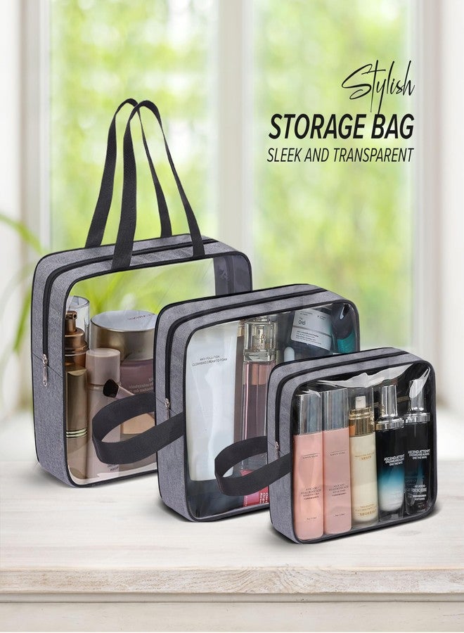 CRASOME PVC Set of 3 Multipurpose Transparent Toiletry Bag for Unisex, Wash Bag Pouch for Travel Kit | Travel Pouch for Makeup Cosmetic, Travel Organizer for Toiletries (CTSP1-3Q-Grey) - Image 4